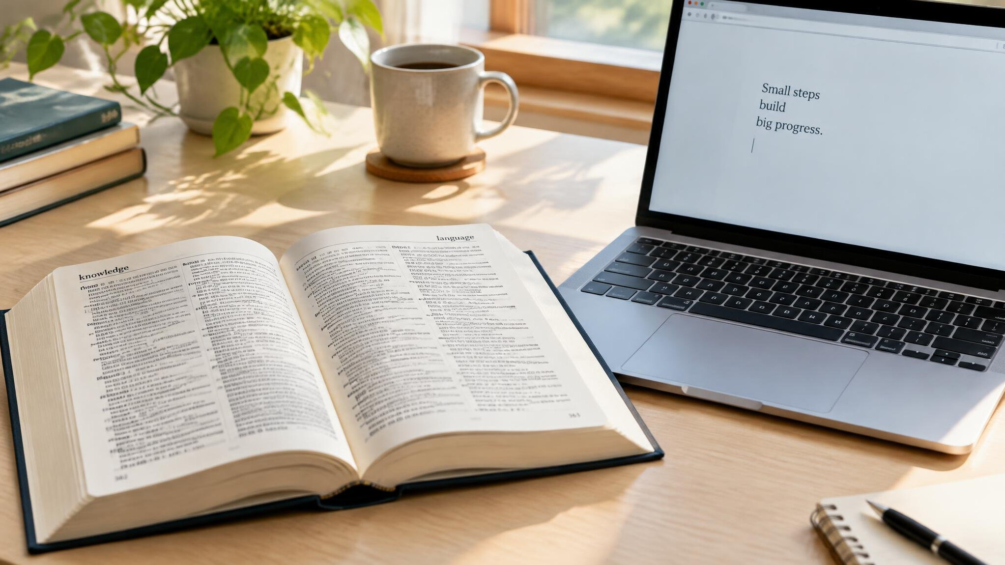 Open dictionary book beside a laptop on a desk