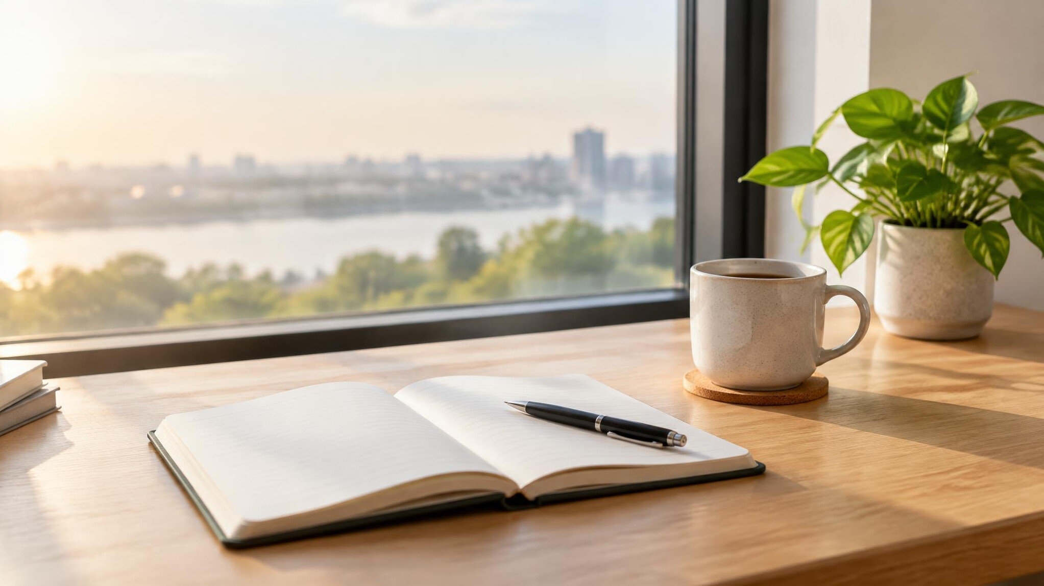 Desk with a notebook, pen and a mug near a window